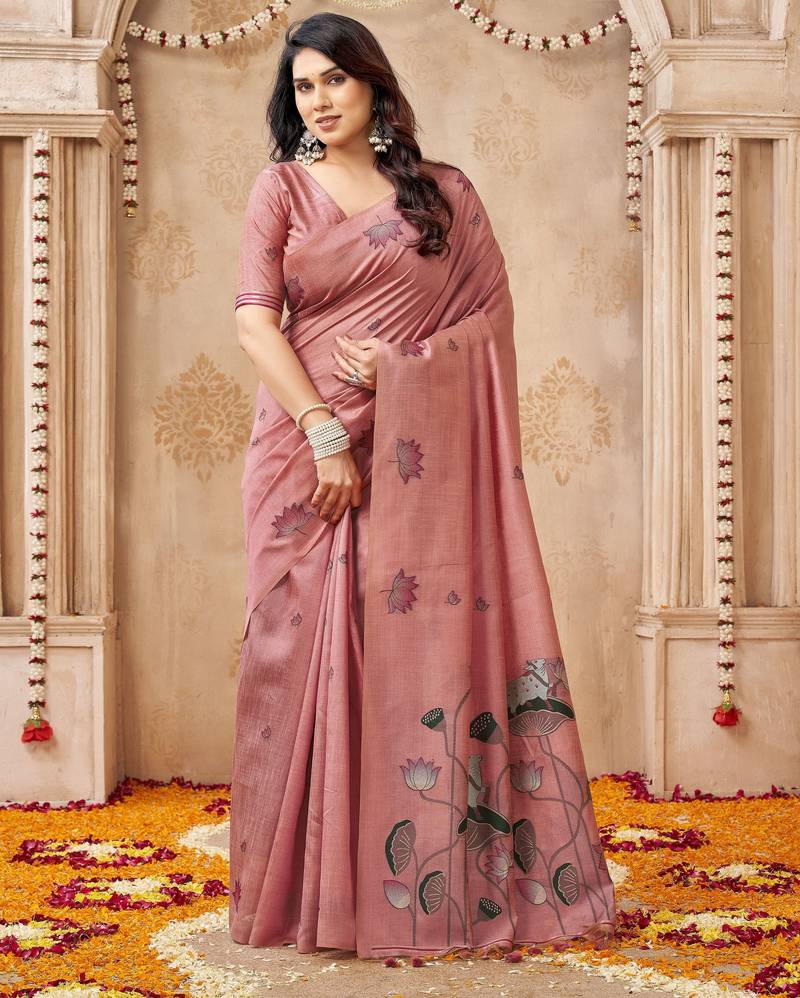 Pink color jute linen beautiful sophisticated rich looks saree