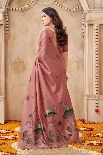 Pink color jute linen beautiful sophisticated rich looks saree