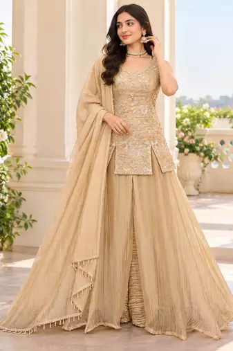 Golden bead sequin embroidered salsa silk sharara set for wedding