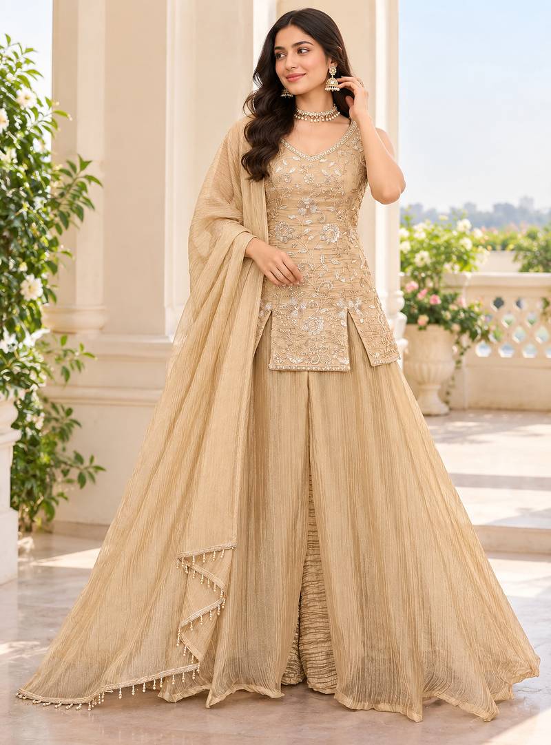Golden bead sequin embroidered salsa silk sharara set for wedding