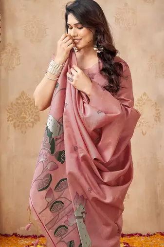 Pink color jute linen beautiful sophisticated rich looks saree