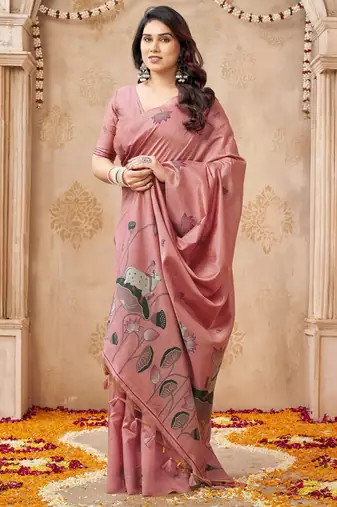 Pink color jute linen beautiful sophisticated rich looks saree
