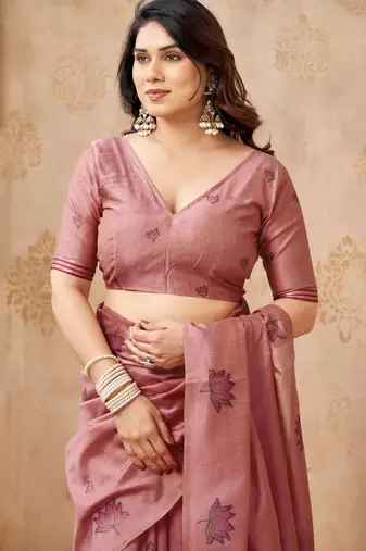 Pink color jute linen beautiful sophisticated rich looks saree