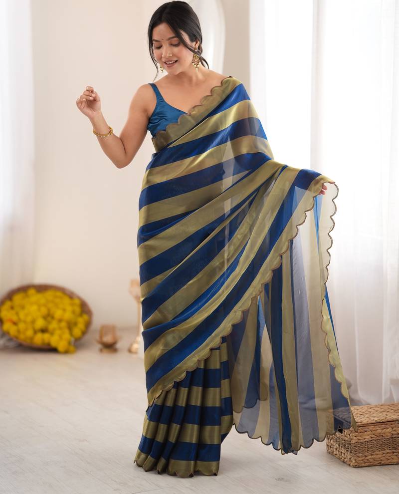 Blue color smart nc satin fabric woven pattern designer stylish girlie saree