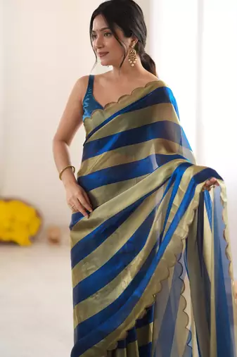 Blue color smart nc satin fabric woven pattern designer stylish girlie saree