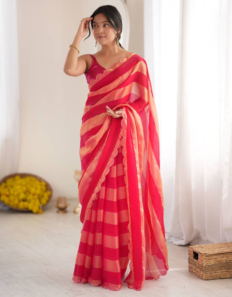 Red color smart nc satin fabric woven pattern designer stylish girlie saree