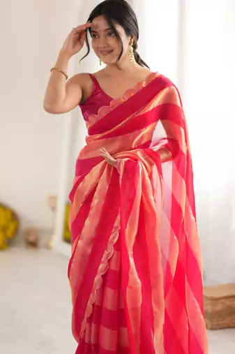 Red color smart nc satin fabric woven pattern designer stylish girlie saree