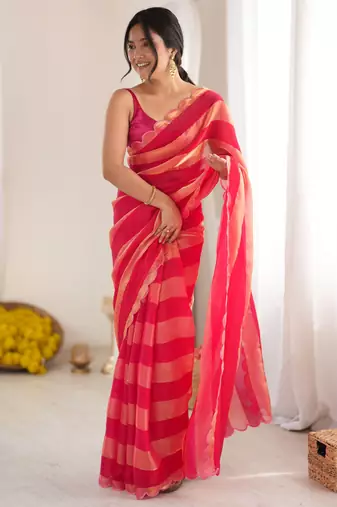 Red color smart nc satin fabric woven pattern designer stylish girlie saree