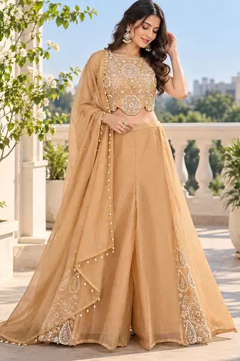 Champagne bead sequin embroidered silk crop top sharara set for wedding