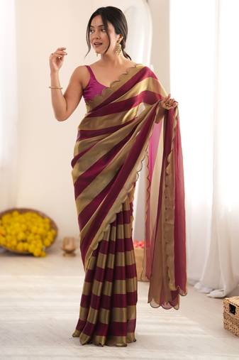 Wine color smart nc satin fabric woven pattern designer stylish girlie saree