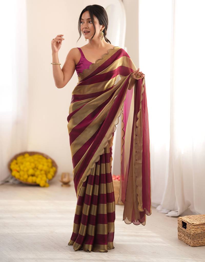 Wine color smart nc satin fabric woven pattern designer stylish girlie saree