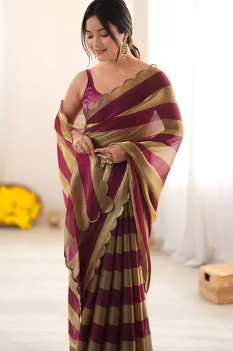 Wine color smart nc satin fabric woven pattern designer stylish girlie saree