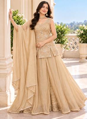 Golden bead sequin embroidered salsa silk sharara set for wedding 2