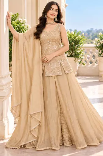 Golden bead sequin embroidered salsa silk sharara set for wedding