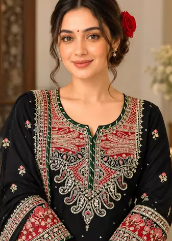 black color thread and sequence work silk blend salwar kameez