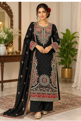 black color thread and sequence work silk blend salwar kameez 1