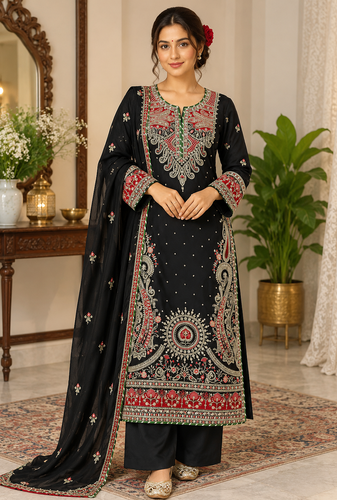 black color thread and sequence work silk blend salwar kameez
