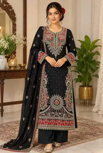 black color thread and sequence work silk blend salwar kameez