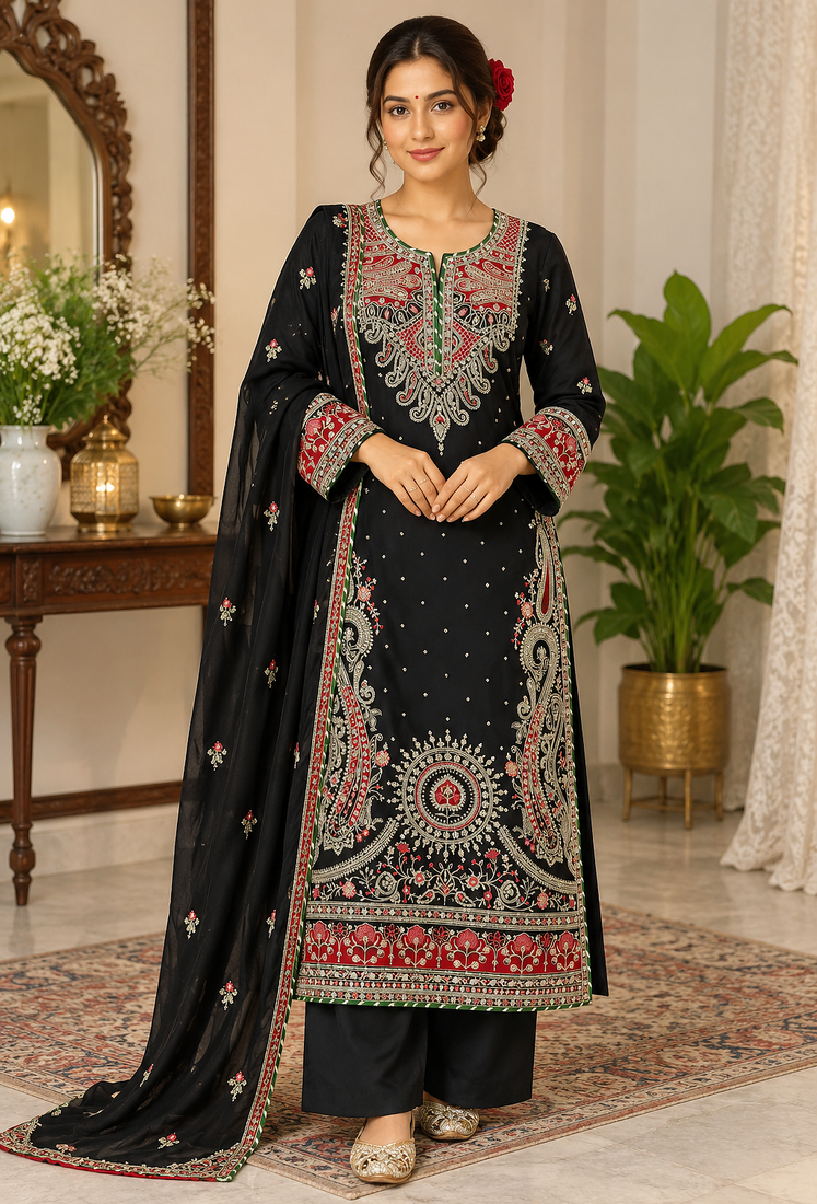black color thread and sequence work silk blend salwar kameez