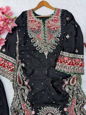 black color thread and sequence work silk blend salwar kameez 3