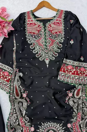 black color thread and sequence work silk blend salwar kameez