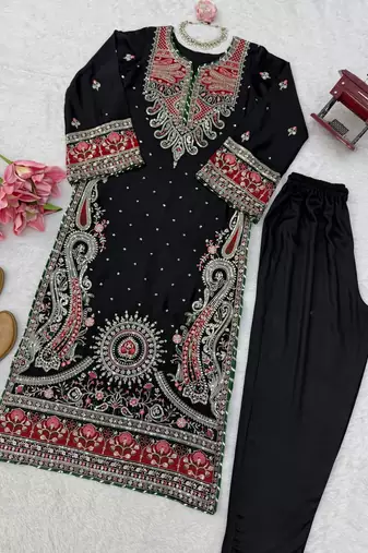 black color thread and sequence work silk blend salwar kameez