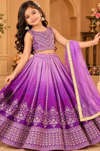 kids purple embroidered lehenga choli with dupatta