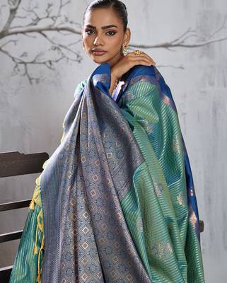 Sea green color smart heavy beautiful woven designer silk fancy saree 3