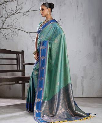 Sea green color smart heavy beautiful woven designer silk fancy saree 4