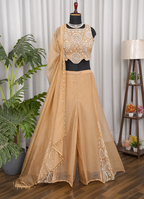 Champagne bead sequin embroidered silk crop top sharara set for wedding 3