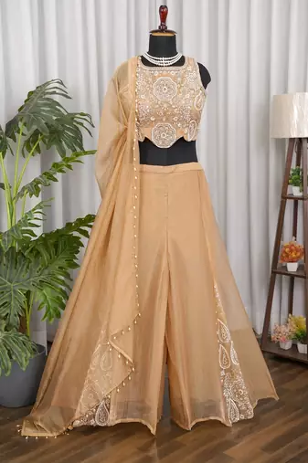 Champagne bead sequin embroidered silk crop top sharara set for wedding