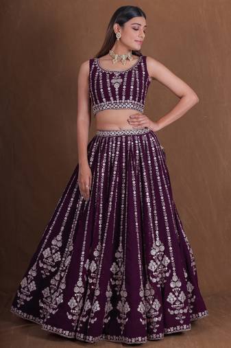 WINE GEORGETTE PARTY WEAR EMBROIDERY SEMI STITCHED LEHENGA CHOLI 