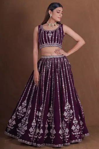WINE GEORGETTE PARTY WEAR EMBROIDERY SEMI STITCHED LEHENGA CHOLI 