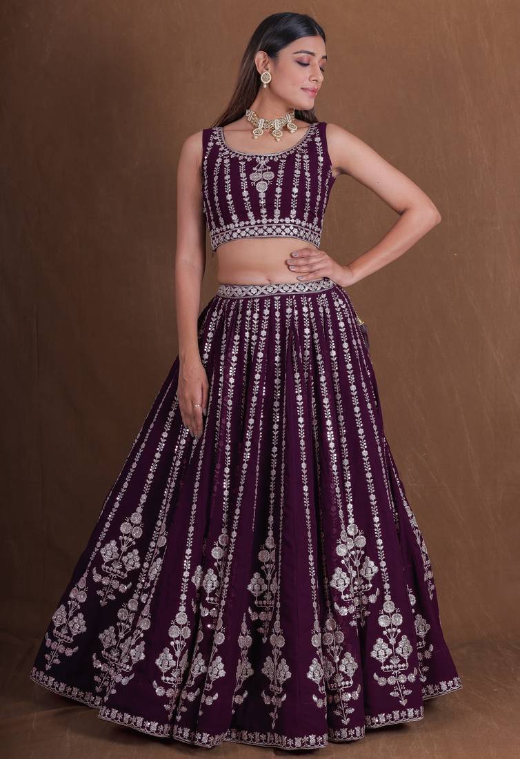 WINE GEORGETTE PARTY WEAR EMBROIDERY SEMI STITCHED LEHENGA CHOLI 