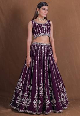 WINE GEORGETTE PARTY WEAR EMBROIDERY SEMI STITCHED LEHENGA CHOLI  2