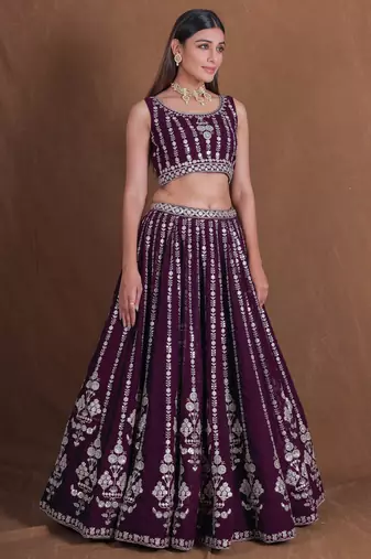WINE GEORGETTE PARTY WEAR EMBROIDERY SEMI STITCHED LEHENGA CHOLI 