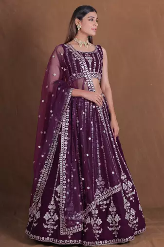 WINE GEORGETTE PARTY WEAR EMBROIDERY SEMI STITCHED LEHENGA CHOLI 