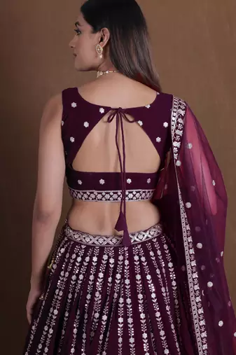 WINE GEORGETTE PARTY WEAR EMBROIDERY SEMI STITCHED LEHENGA CHOLI 