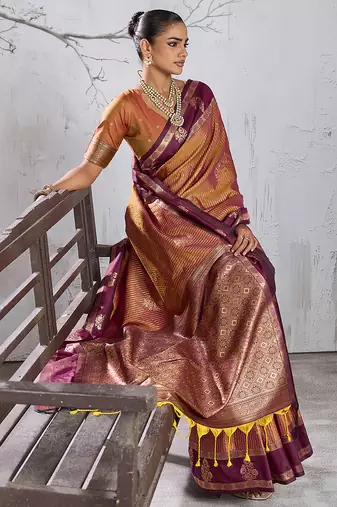 Brown color smart heavy beautiful woven designer silk fancy saree