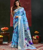 Sky blue color smart cotton silk  weving meenakari paithani designer traditional rich saree