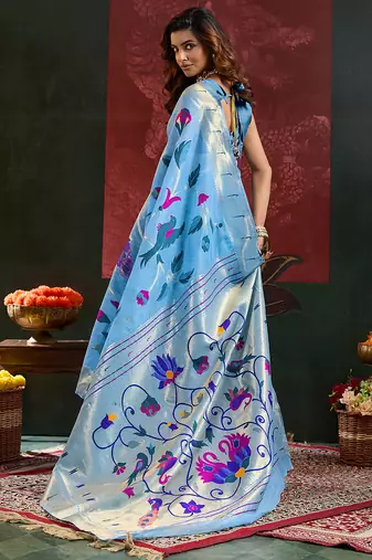 Sky blue color smart cotton silk  weving meenakari paithani designer traditional rich saree