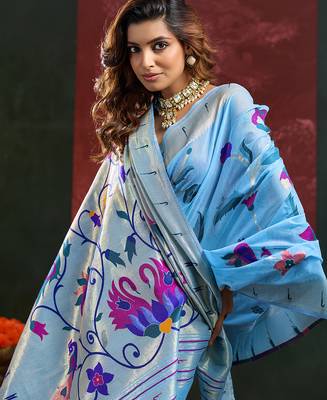 Sky blue color smart cotton silk  weving meenakari paithani designer traditional rich saree 3