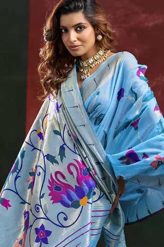 Sky blue color smart cotton silk  weving meenakari paithani designer traditional rich saree