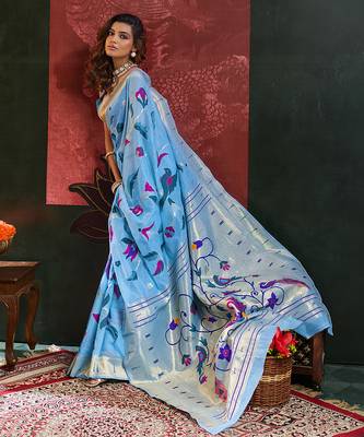 Sky blue color smart cotton silk  weving meenakari paithani designer traditional rich saree 4