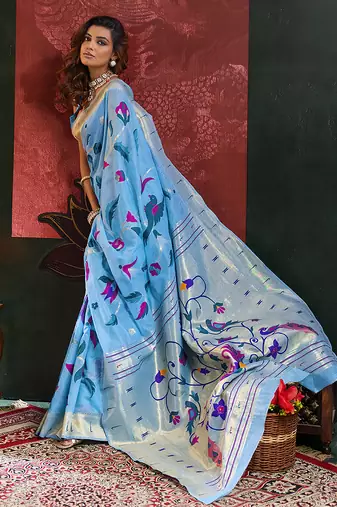 Sky blue color smart cotton silk  weving meenakari paithani designer traditional rich saree