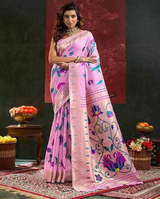 Pink color smart cotton silk  weving meenakari paithani designer traditional rich saree 1
