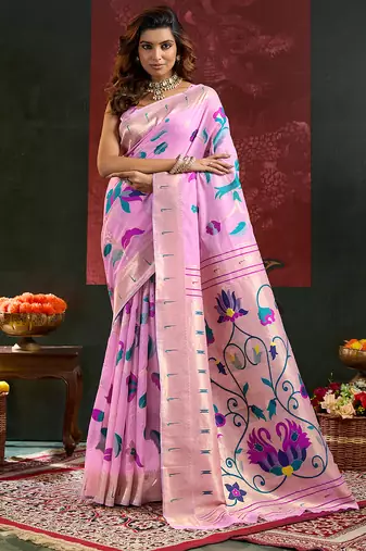 Pink color smart cotton silk  weving meenakari paithani designer traditional rich saree
