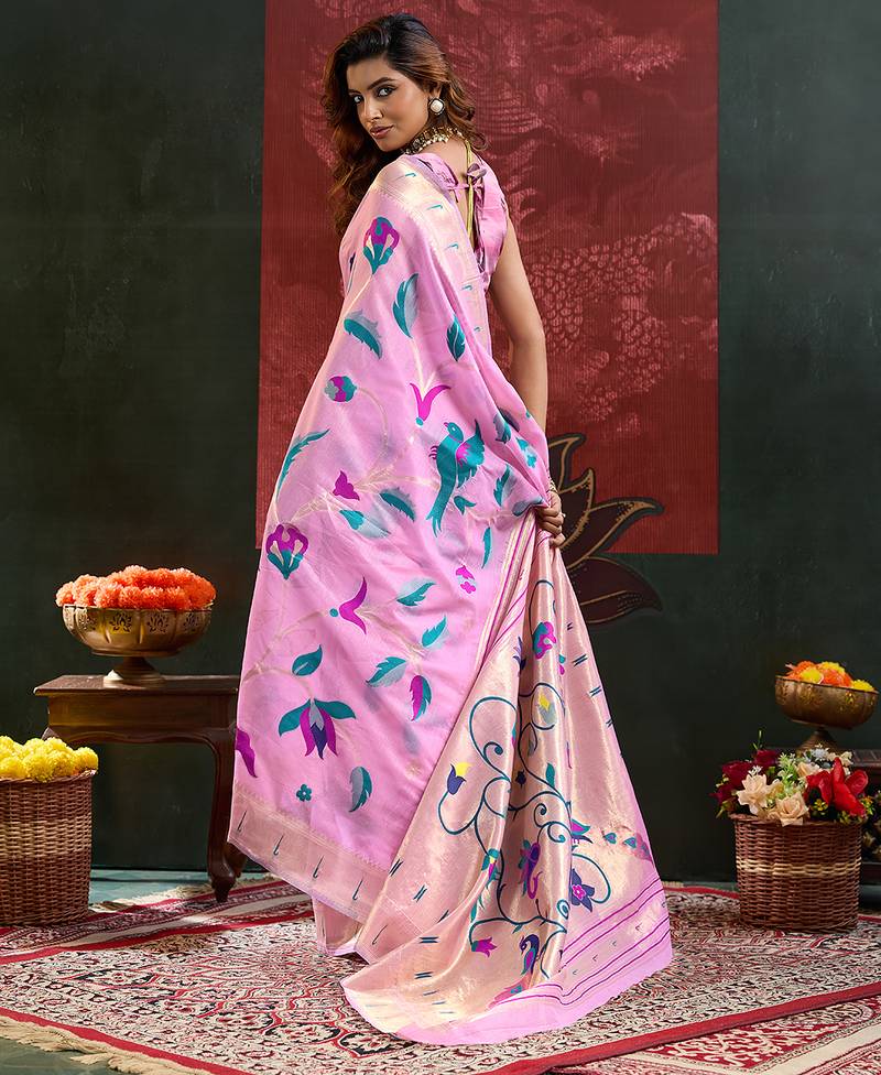 Pink color smart cotton silk  weving meenakari paithani designer traditional rich saree