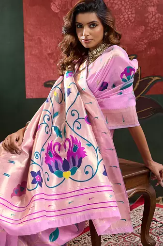 Pink color smart cotton silk  weving meenakari paithani designer traditional rich saree