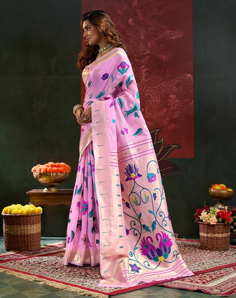 Pink color smart cotton silk  weving meenakari paithani designer traditional rich saree